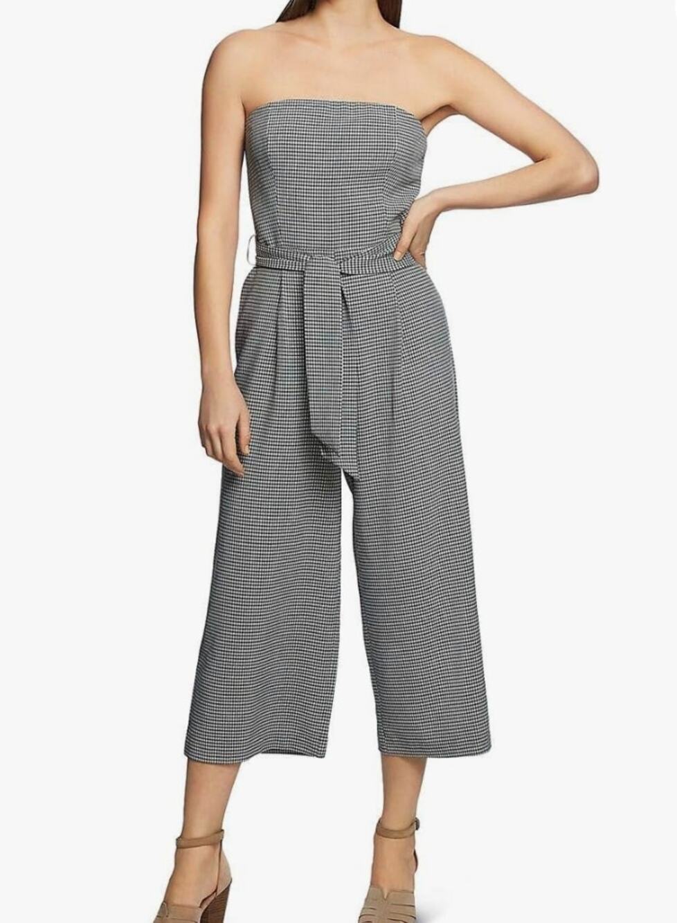 1.STATE Womens Checkered Jumpsuit Strapless Wide Leg Romper Belted Size 12